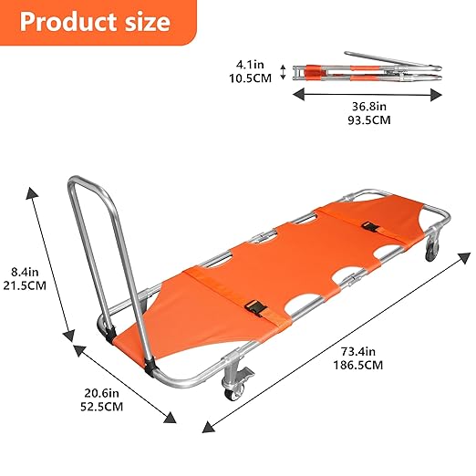 Folding Stretcher for Medical Emergency with Trolley 4 Wheels and Straps, Aluminum Alloy Portable Emergency Medical Stretcher for Hospital, Clinic, Home, Sports Venues, Ambulance