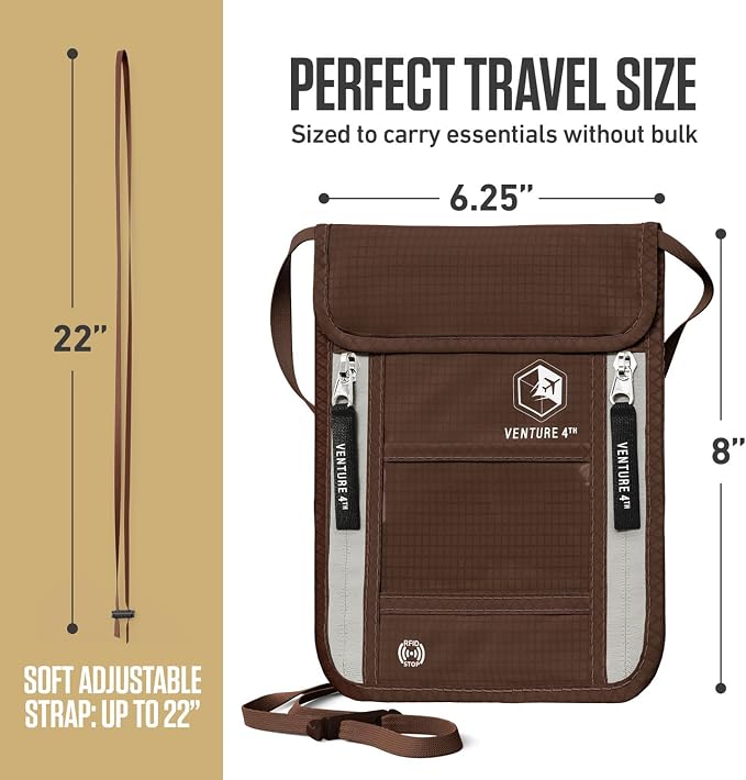 VENTURE 4TH Travel Neck Wallet, RFID Blocking Passport Holder - Brown
