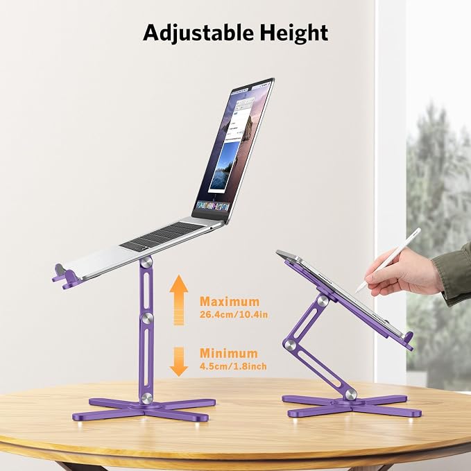 OMOTON LA10 360° Rotating Laptop Stand Riser Foldable for Desk, Purple | Aluminium Aolly, Adjustable Height Angles, Collaborative Work, Easy Storage, Fits Laptops up to 17", for MacBook Pro/Air HP