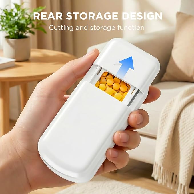 Pill Cutter Splitter for Small and Tiny Pills, 1/2 1/3 1/4 Pill Splitter for Small Pills,Vitamins, Tablets in Half or Quarters, Accurate and Easy Cutting, Stainless Steel Blade, Back Storage (White)