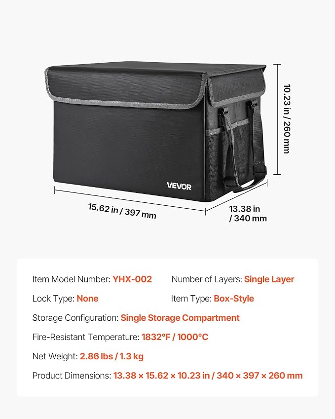 VEVOR Fireproof Document Box, 1832 ℉ Heat Insulated Fireproof & Waterproof Box, Space-Saving and Foldable Design, Portable Home Office Travel File Organizer, for Passports, Important Documents, Files