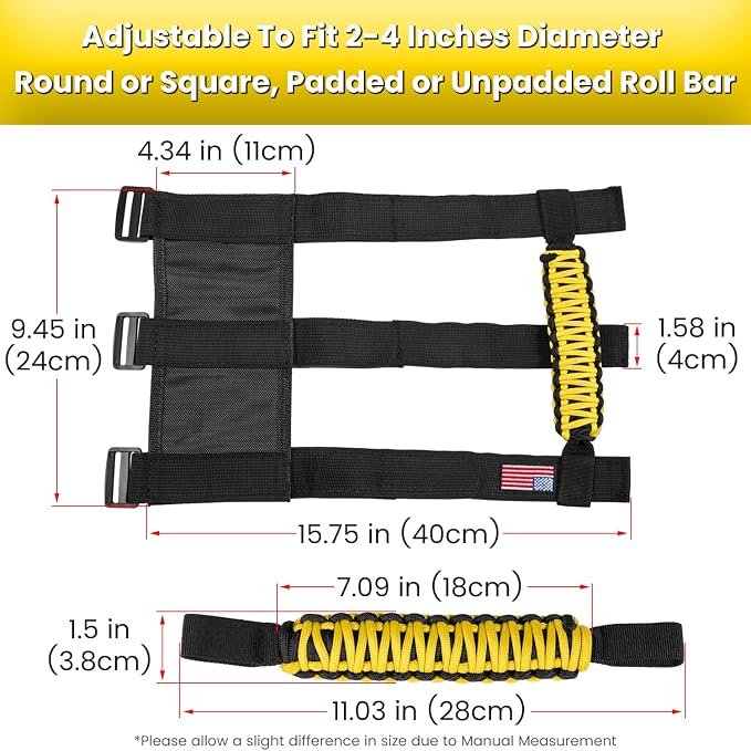 4 x Roll Bar Grab Handles Grip Handle for Jeep Wrangler JK JKU JL JLU TJ YJ Sport Sahara Freedom Rubicon Unlimited Gladiator JT 1955-2023 UTV ATV Premium Paracord Interior Accessories US Flag (Yellow)