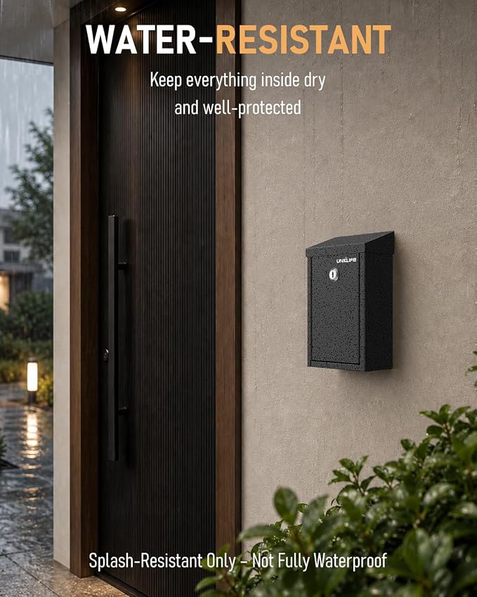 Uniclife Black Metal Donation Box, Wall Mounted Mailbox for Outside | Safe Suggestion Box with Key Lock, Steel Key Drop Box with Top Slot, Cash Box for Home Office and Business