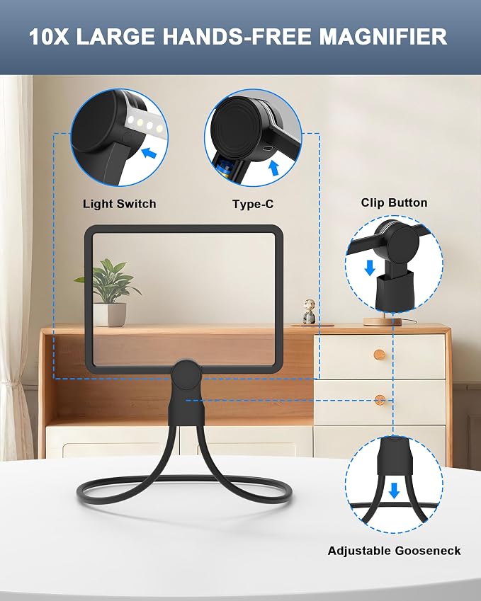 Neck Magnifying Glass with Light Hands Free,Full Book Page Magnifiers Glass | 10X Large Lighted Magnifying Glass with 3 Modes, Flexible Gooseneck Magnifier for Close Reading Sewing Senior with Aging Eyes