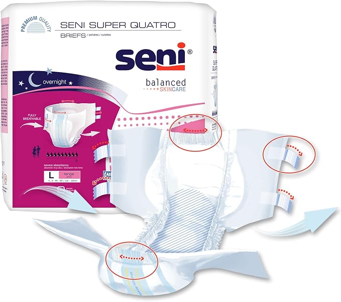 Seni Super Quatro Unisex Adult Incontinence Briefs with Tabs, Size Large (45"-59"), 9 Count, Severe Absorbency, Disposable Overnight Briefs for Men & Women
