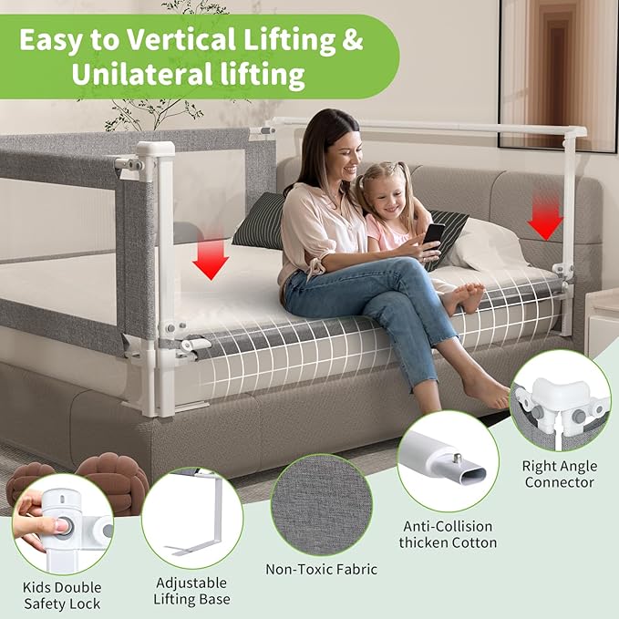 1-Piece Adjustable Height Baby Bed Rail, Kids Safety Guard Rails for Twin Full Queen King Size (1 Side:60")