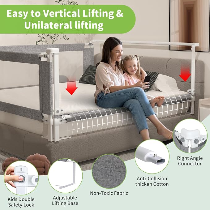 3-Piece Twin Size Bed Rail for Toddlers - Adjustable Baby Bed Rail Guard, Kids Safety Bed Rail for Twin Size Bed (74.8"x74.8"x39"-Grey)