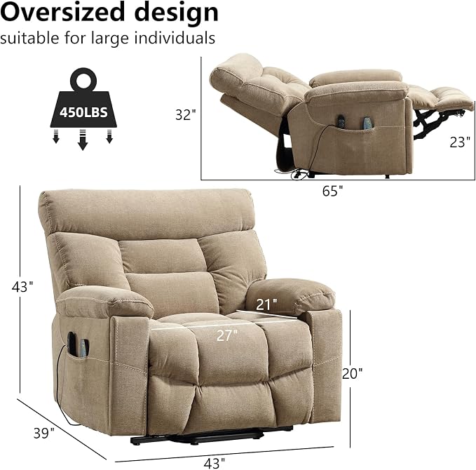 Dual Motor Power Lift Recliner Chair for Elderly, 27" Extra-Wide Seat 450 lbs Weight Capacity Infinite Position Adjustment, with Heated Massage, Cup Holders and USB Port, Camel Fabric