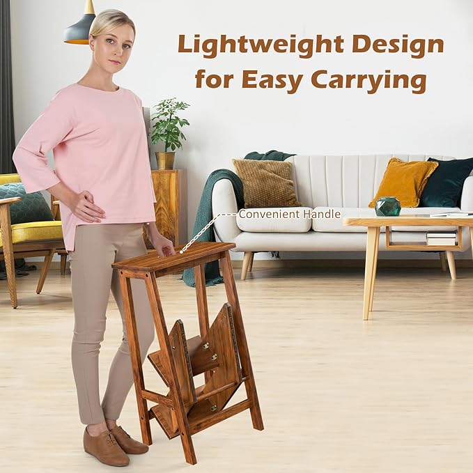 Costzon Folding 3 Step Stool, 3 in 1 Wooden Step Ladder with Handle, Non-Slip Pedal, Multifunctional Storage Shelf, Flower Rack for Kitchen, Library, Garage, Foldable Step Stool for Adults Kids