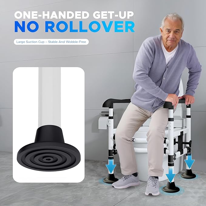 Toilet Safety Rails for Seniors - Adjustable Height & Width Safety Frame with Handrail, Fits Most Toilet Seats, Supports 220lbs, Non-Slip Bathroom Assist Bar for Elderly (Easy Installation)