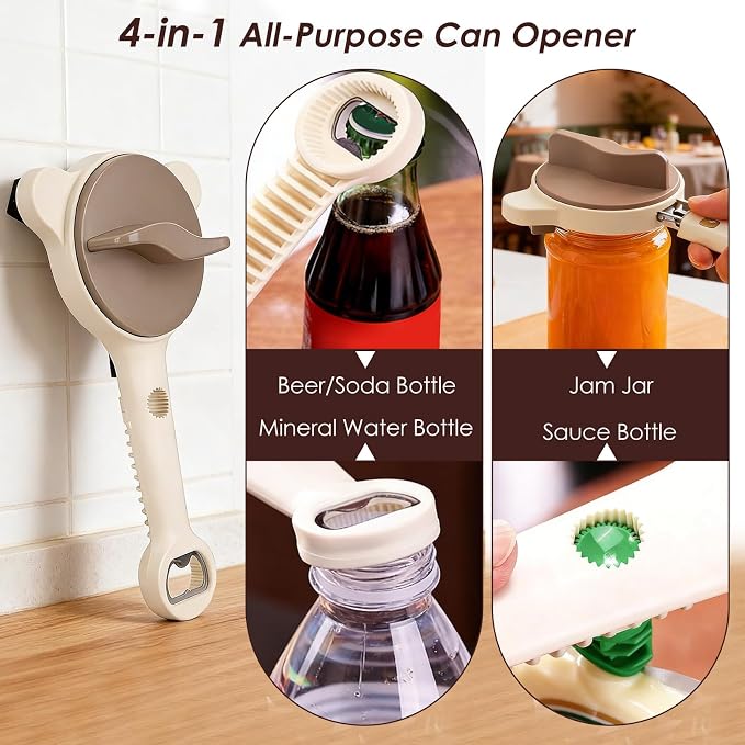 4 in 1 Multi-Purpose Jar Opener, with 3pcs Rubber Jar Openers, Adjustable Stainless Steel Lid Remover for Seniors & Arthritis Sufferers, for Weak Hands, Fits Kitchen Jars, Bottles & Cans (Beige)