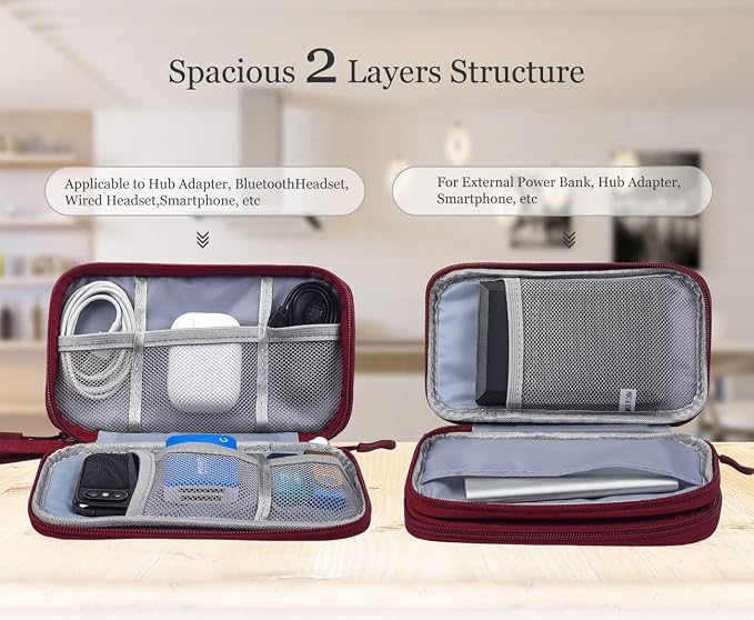 CAOODKDK Electronics Accessories Organizer Pouch Bag, Travel Universal Organizer for Cable, Charger, Phone, SD Card, Business Travel Gadget Bag (Wine Red)