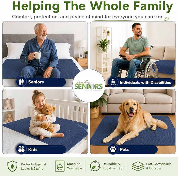 Bed Pads Washable Waterproof 34"x36"- Pack of 4 Navy Incontinence Bed Pads | Washable Pee Pads for Adults - Dementia Products for Elderly & Elderly Assistance Products - Reusable Pee Pads Dogs & Kids