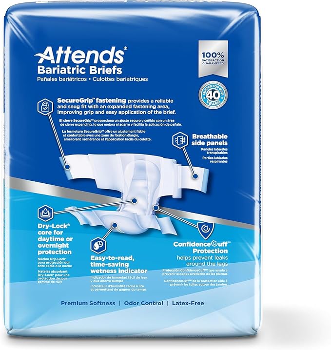 Attends Bariatric Incontinence Disposable Briefs, XX-Large, 63"-70" Waist with Tab Closures, Ultimate Absorbency, Dry-Lock Containment Core and ConfidenceCuff Leakage Protection, 2XL 12ct Bag