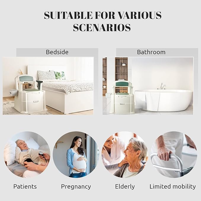 Bedside Commode, Portable Toilet for Adults, Commode Chair for Toilet with Arms, Height Adjustable, 2 Toilets and Induction Night Light, Potty Chair for Elderly and Disabled