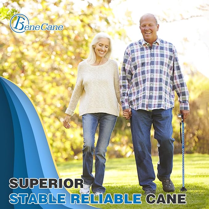 BeneCane Walking Cane for Women Folding Cane for Men with Two Led Lights Quad Cane with Stable Base Lightweight and Adjustable Walking Stick