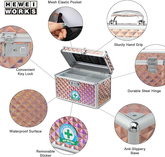 Storage Box with Key Lock, Lockable Medicine Storage Box, Empty First Aid Box, Security Lock Box, Multipurpose Locking Box for Home and Outdoor Use (Champagne, Large)