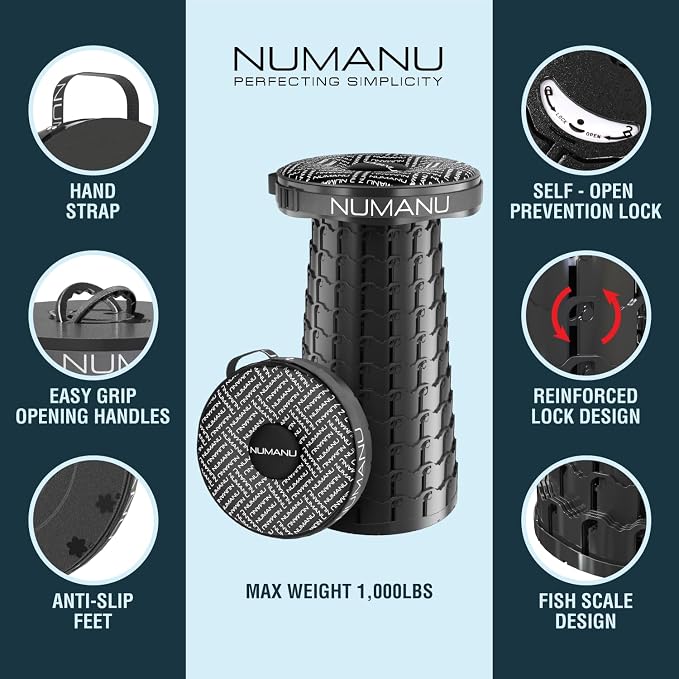NUMANU 3XL Cushioned Collapsible Stool for Adults, Folding Seat, 1000 lbs | Oversized big & tall stool, telescoping 2.7-23.2in adjustable, 360 swivel pad + waterproof bag; travel, sports, camping