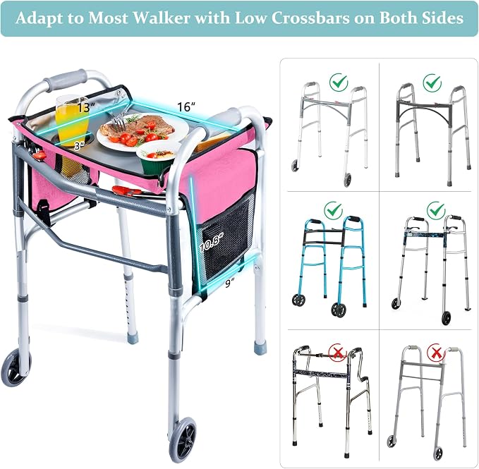BAGSFY Walker Tray with Cup Holder & Side Pocket – Hard Top Walker Table for Seniors – Folding Walker Accessory for Meals, Reading, Drinks – Non-Slip Surface, Tool-Free Install, Universal Fit