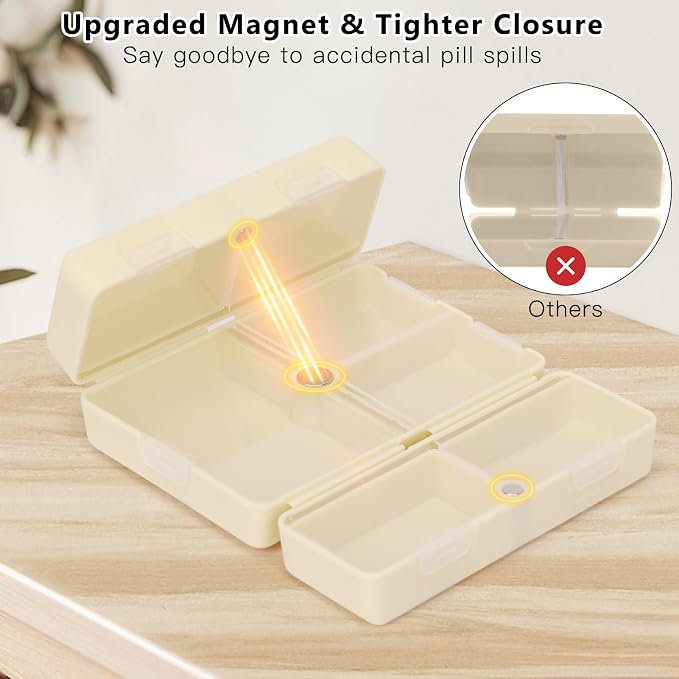 FYY Daily Pill Organizer, 7 Compartments Portable Pill Case Travel Pill Organizer,[Folding Design] Pill Box for Purse Pocket to Hold Vitamins,Cod Liver Oil,Supplements and Medication-White