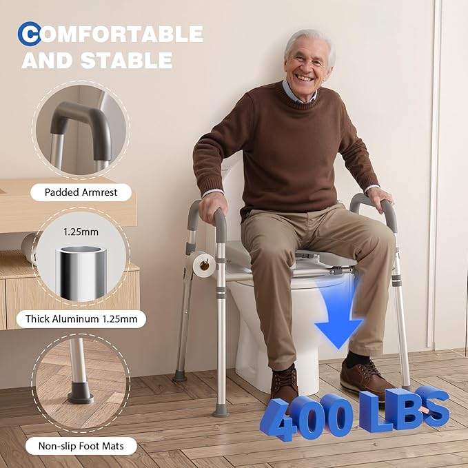 Toilet Seat Risers for Seniors, Raised Toilet Seat with Padded Handles & Seat, 400 LBS Raised Toilet Seat with Adjustable Height & Width for Pregnant, Disabled, Handicapped,(Gray)