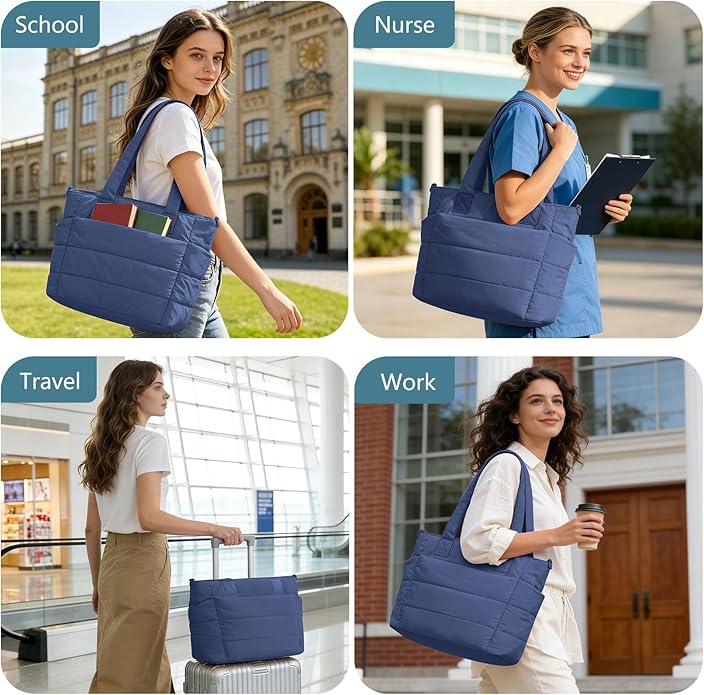 Puffer Tote Bag for Women Quilted Nurse Bag Lightweight Work Bag for Teacher Travel Handbag with Multiple Pockets