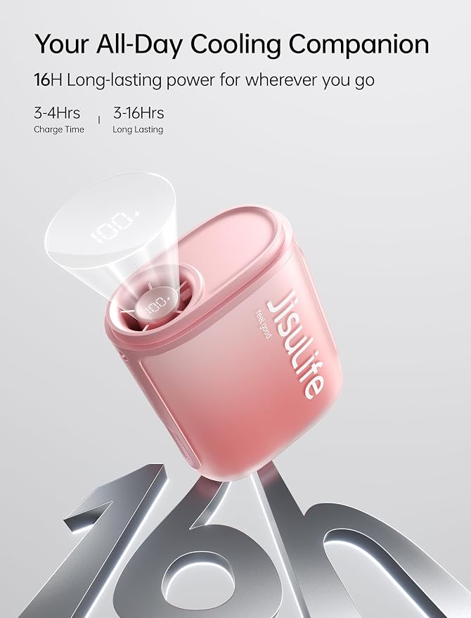JISULIFE Portable Neck Fan 100 Speeds 40000RPM, Wearable Waist Clip on Fan | 16H Runtime, 4500mAh USB Rechargeable & LED, Personal Mini Cooling Fan, Gift for Women Outdoor/Travel/Camping/Vacation-Pink
