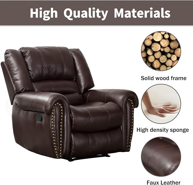 Leather Recliner Chair Set of 2, Classic and Traditional Manual Recliner Chair with Comfortable Arms and Back,Manual Single Recliner Sofa for Living Room, Brown