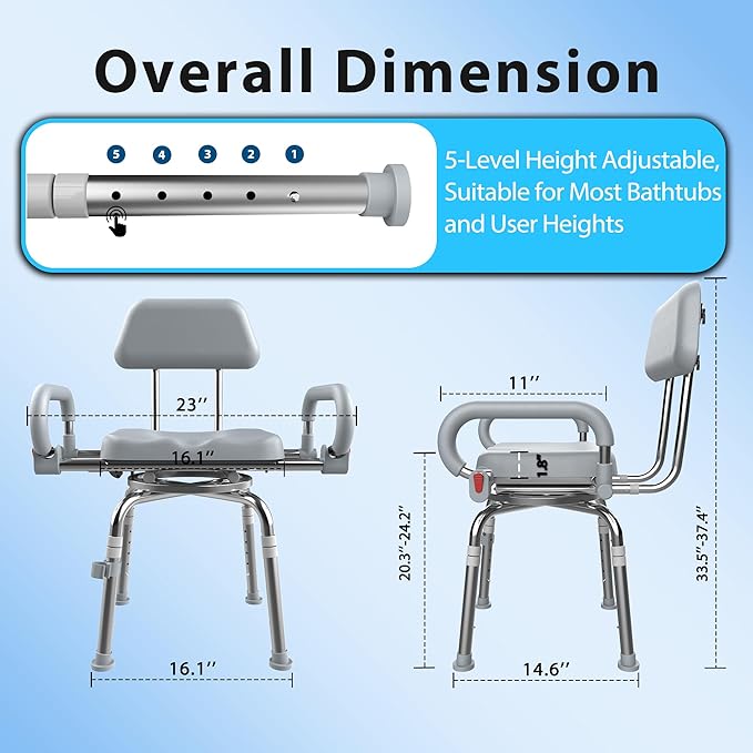 Swivel Shower Chair with Arms and Back,Anti-Slip Design,with Security Belt for Elderly and Disabled,Adjustable Height and Backrest,One-Touch Rotate Shower Chair,Gray