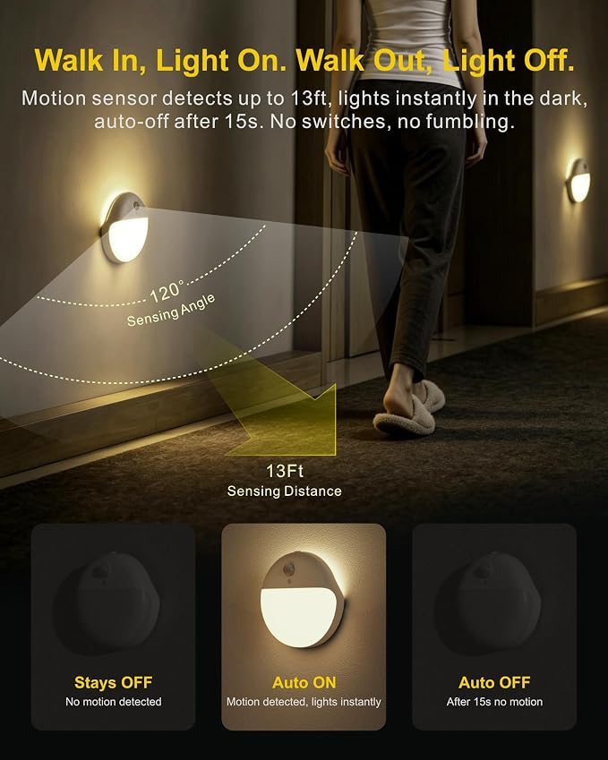 2 Pack Motion Sensor Night Light, Gold Yellow, 3 Lighting Modes, Stepless Dimming, Battery-Powered, Dimmable LED, Suitable for Bedroom, Bathroom, Stairs, Corridors, Closets | 3 Modes, Dimmable 1-15lm, Soft Gold Yellow, Smart Bulbs, Wireless Motion Acti...