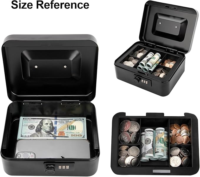 Jssmst Cash Box with Money Tray and Combination Lock - Secure Medication Lock Box for Home and Office Use, 7.87'' x 6.3'' x 3.54'' - Durable and Reliable Security Solution