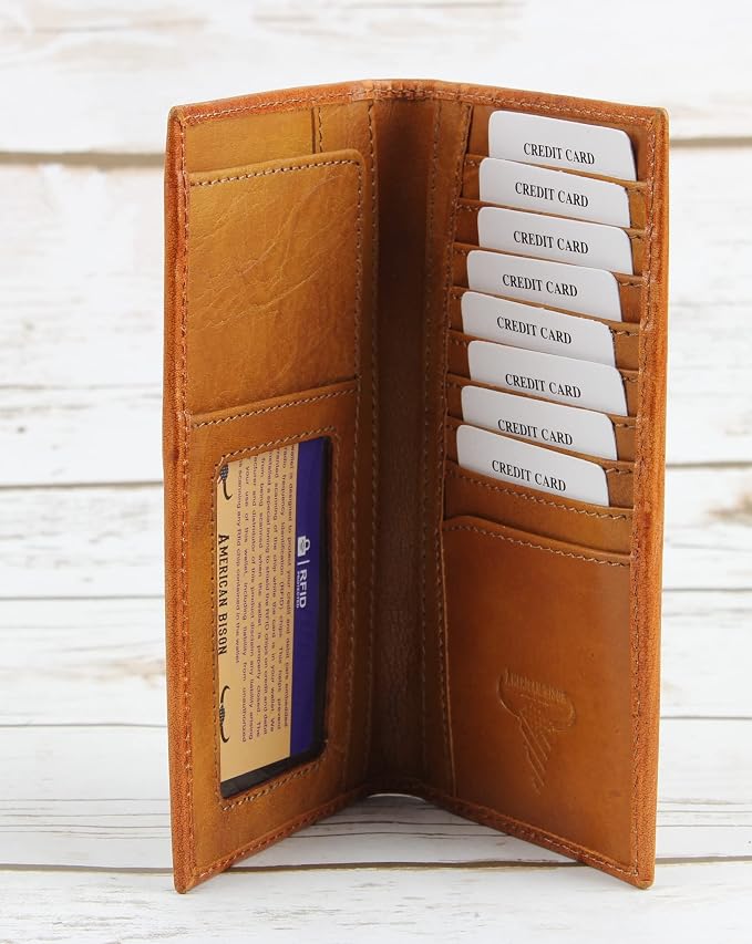 American Bison Arrigo Floral Design RFID Rodeo Wallet for Men – Hand-Tooled Cowhide Leather Wallet with Gift Box (Light Brown)