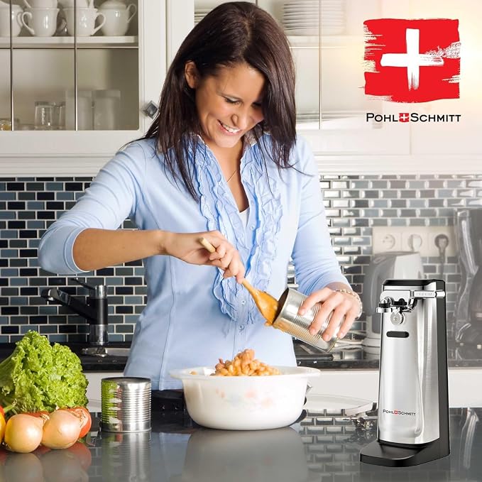 POHL SCHMITT Electric Can Opener, Knife Sharpener & Bottle Opener | Easy Push Down Lever, Works with Standard And Pop-Top Cans, Durable Stainless Steel & ABS, Kitchen Essentials and Accessories