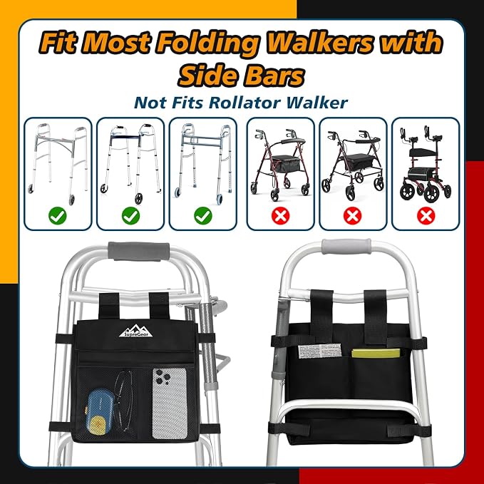supregear Walker Side Bag, Multi Pocket Storage Pouch for Folding Walker, Water Resistant Lightweight Hand Free Carrier Tote, Universal Size Seniors Caddy Attachment