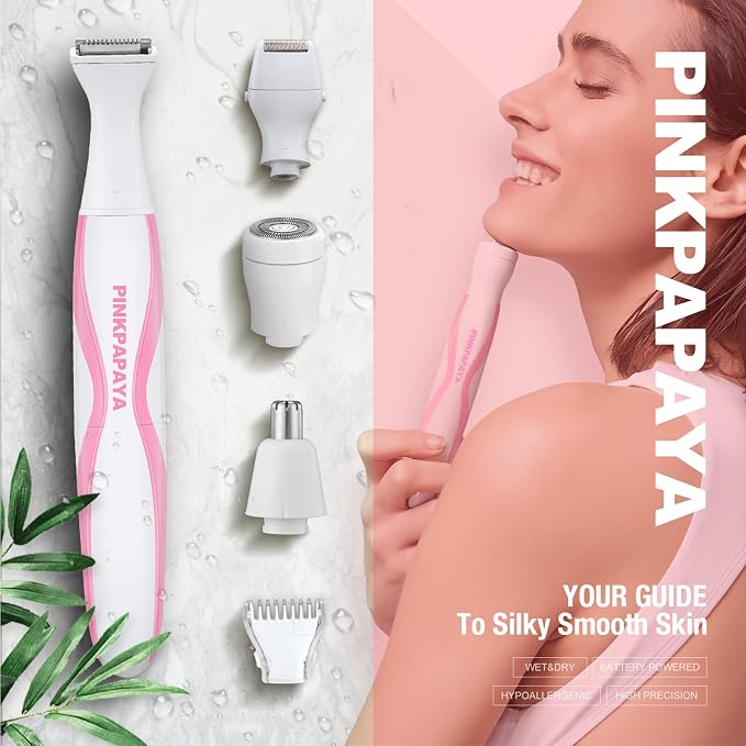 pinkpapaya 4in1 Nose Hair Trimmer for Women,Facial Hair Remover,Electric Face Shaver Razor for Nose Ear,Bikini Trimmer,Facial Hair Removal,ROSE/OI8J