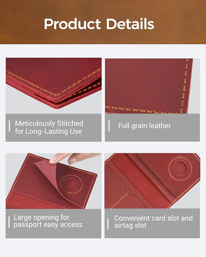 Passport Holder for Travel, Genuine Leather Passport Wallet Cover Case with Airtag Slot, RFID Blocking, for Women Men, Travel Essentials Gift, Red