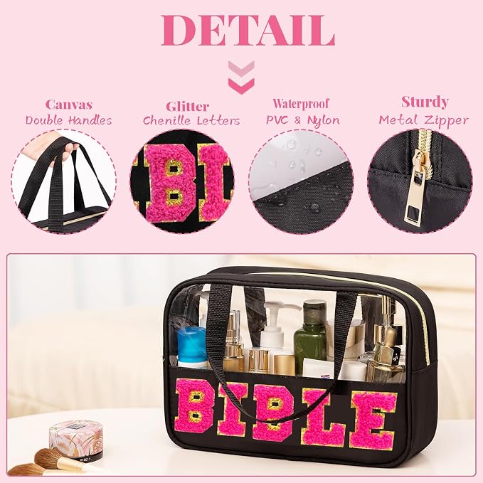 Chenille Pink Letter Bible Bag for Study Supplies Bible Cover Case for Women Girl, Church Bag for Bible Accessories with Handle and Zipper, Christian Gifts
