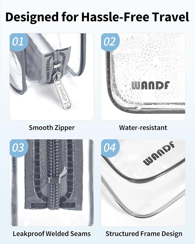 WANDF TSA Approved Toiletry Bag, 2 Pack Clear Makeup Bag | Quart Size, Airport Carry-On, TSA Liquids Travel Bag, Clear PVC, Women Men Travel Essentials