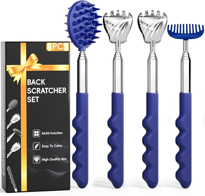 Gumry Telescoping Back Scratcher, 5 Detachable Heads, Gift for Men Blue