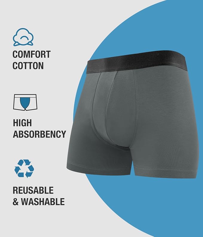YESWEL Men's Incontinence Underwear, Leak Proof Washable Reusable Cotton Boxer Brief, Heavy Flow Bladder Leak 3 Pack (Multicolor02, Large)
