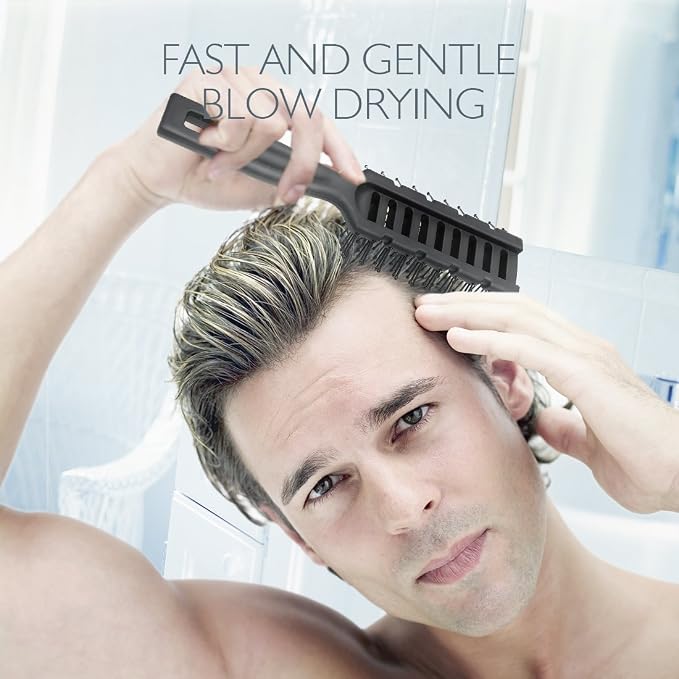 Baasha Hair Brush, Vented Brush for Blow Drying, Mens Short Hair Brush with Ball Tipped Bristles, Best for Wet or Dry Hair - Black
