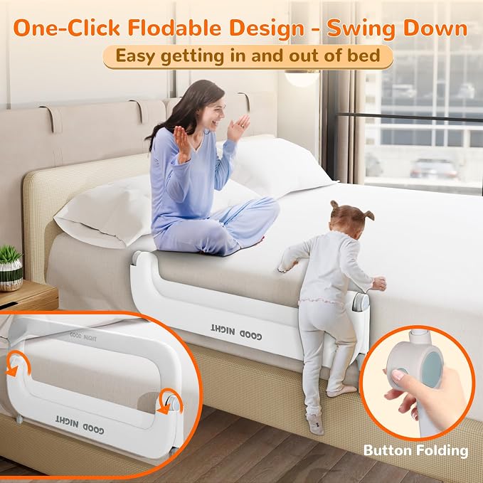 Bed Rail for Toddlers, 47 Inch Toddler Bed Rails, Bed Rail for Baby(White) | Adjustable Heights, Folding up Portable, Safe Metal Frame, For Baby, For Crib, Twin, Bunk, Full Size, Queen & King Bed