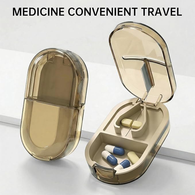 Pill Cutter Splitter for Small or Large Pills, Portable Pill Splitter with Hidden Professional Organizer and Brush, Tablet Cutter Medicine Slicer, Coupe Pilule for Tablets and Vitamins(Brown)