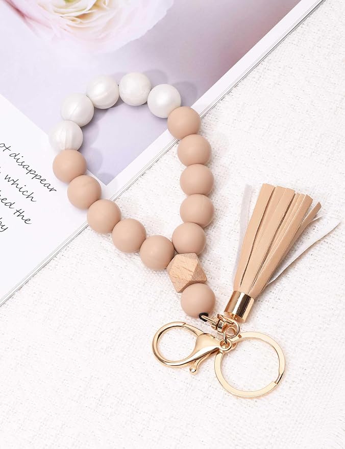 BAOSIWA Silicone Key Ring Bracelet Wristlet Keychain Unique Beaded Bangle Key Chains for Women with Leather Tassel