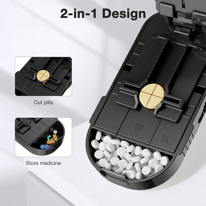Sukuos Pill Cutter 1/4 & 1/2 – Black Tablet Splitter with Stainless Steel Blade, Precise Cut for Small/Large Pills, Vitamins, Supplements, Medications, Portable & Sleek