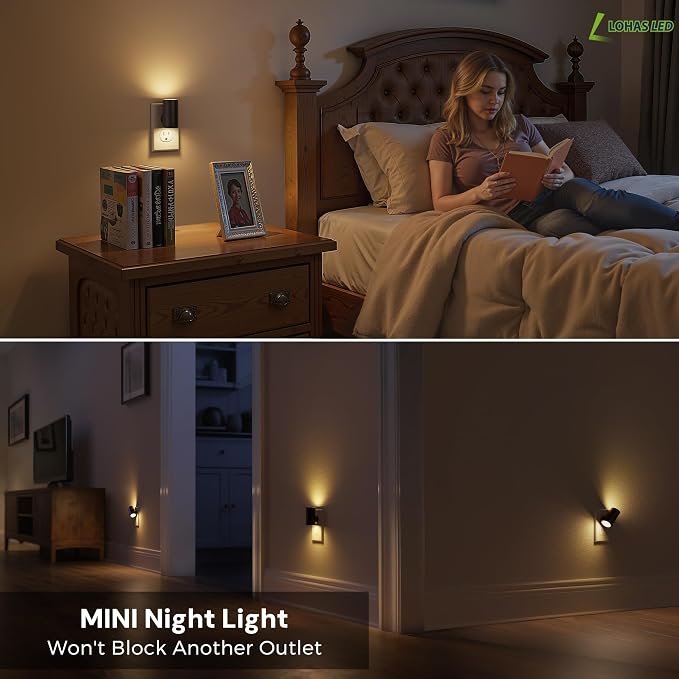 L LOHAS LED Night Light, Mini Night Lights Plug into Wall, Light Sensor, 2 Level Brightness, Soft White 3000K, Rotating Nightlight Plug in Wall for Adult Kids Hallway Bedroom Bathroom Stairway, 6 Pack