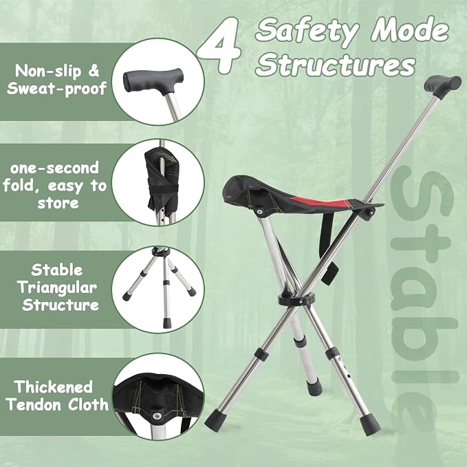 King Mills Lightweight Portable Stools for Adults Heavy Duty, Adjustable Walking Chair for Adults, Anti-Slip Cane Seat Walking Stick Folding Seat 250 Lbs Above Ideal for Camping & Hiking