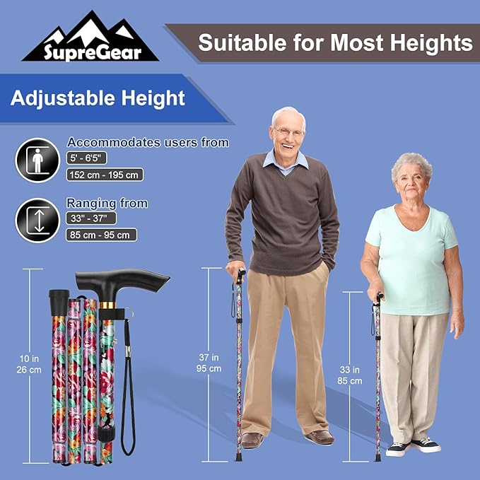 supregear Folding Cane, 5-Level Adjustable Height Walking Stick Lightweight Collapsible Portable Travel Cane with Wrist Strap and T Handle for Elderly Disabled Men Women