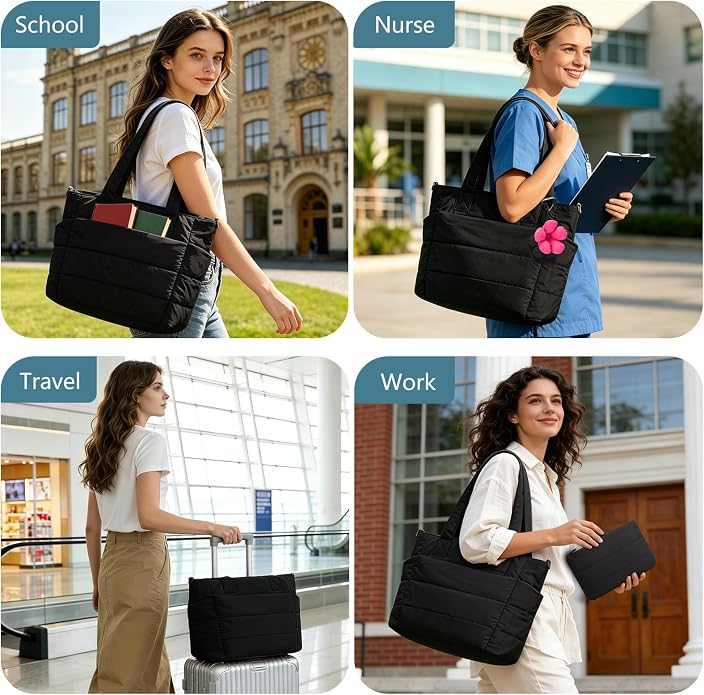 Puffer Tote Bag for Women Quilted Nurse Bag Lightweight Work Bag for Teacher Travel Handbag with Multiple Pockets