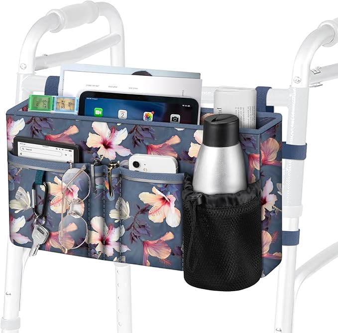 FINPAC Large Walker Tote Bag with Cup Holder, Folding Walker Attachment Hands-Free Storage Basket Mobility Aid Accessory Pouch for Elderly, Senior, Blooming Hibiscus